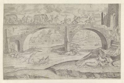 Venus en Amor in stadsgezicht met een brug door Battista Angolo del Moro