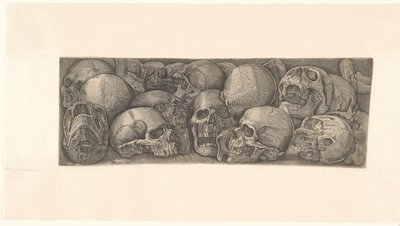 Menselijke schedels, gezien vanuit verschillende hoeken en als fries gegroepeerd door Battista Franco (attributed to)
