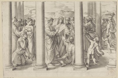 De heilige Petrus en Johannes genezen een lamme in een tempel door Battista Franco
