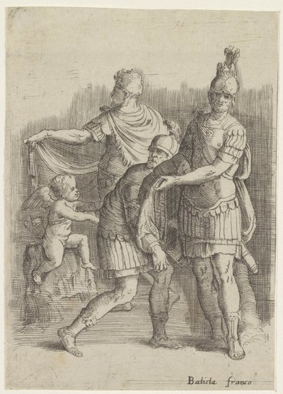 Drie soldaten en een putto door Battista Franco