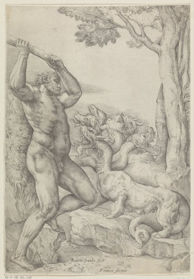 Hercules in gevecht met de Hydra van Lerna door Battista Franco