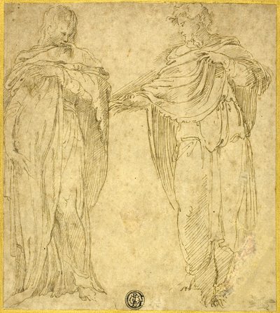 Twee staande gedrapeerde figuren (Sint Jan en de Magdalena) door Battista Franco