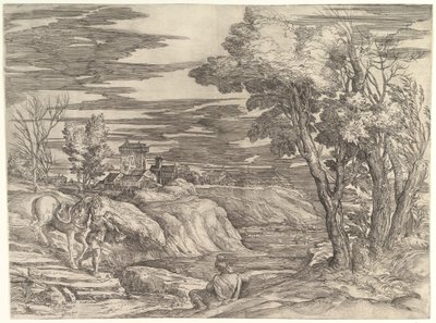 Landschap met een ruiter en zijn knecht, ca. 1552-61 door Battista Franco Veneziano