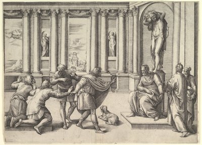Man zittend onder een standbeeld van Bacchus, ontvangt een audiëntie, ca. 1530-61 door Battista Franco Veneziano