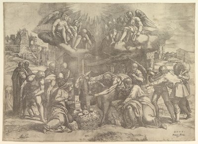 De Aanbidding van de Herders met Engelen erboven door Battista Franco Veneziano