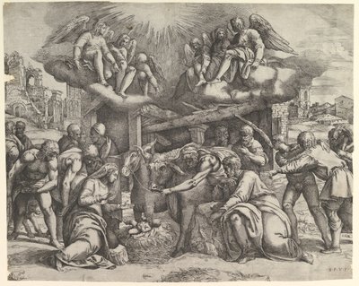 De aanbidding van de herders met engelen boven door Battista Franco Veneziano