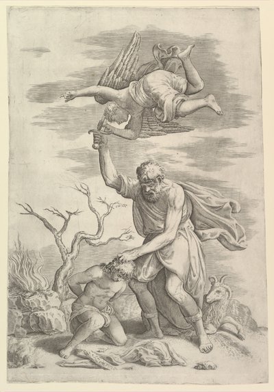 De engel die de arm van Abraham tegenhoudt door Battista Franco Veneziano