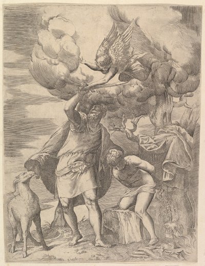 De Engel die de Arm van Abraham Tegenhoudt, Na 1552 door Battista Franco Veneziano