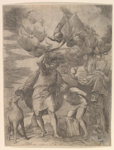 De Engel die de Arm van Abraham Tegenhoudt, na 1552 door Battista Franco Veneziano