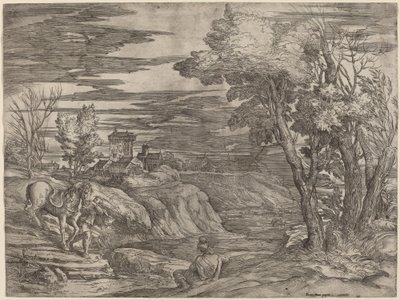 Landschap met een Man die een Paard Leidt door Battista Franco after Titian