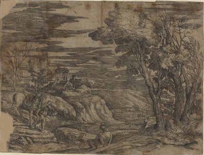 Landschap met een Man die een Paard Leidt door Battista Franco, after Titian