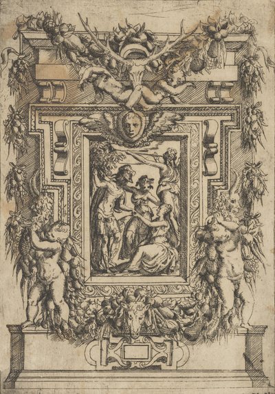 Een jonge man biedt zijn hand aan een zittende vrouw, een andere vrouw staat tussen hen in, ca. 1540-80 door Battista del Moro