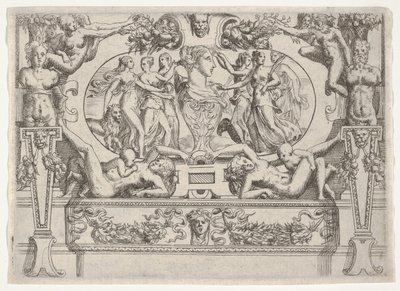 Buste van een vrouw geflankeerd door drie vrouwen aan elke kant, binnen een uitgebreid kader, ca. 1540-80 door Battista del Moro