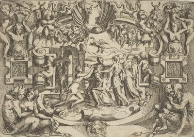 Vier vrouwen rondom een zittend figuur, een vogel boven hen, binnen een ingewikkeld ..., ca. 1540-80 door Battista del Moro