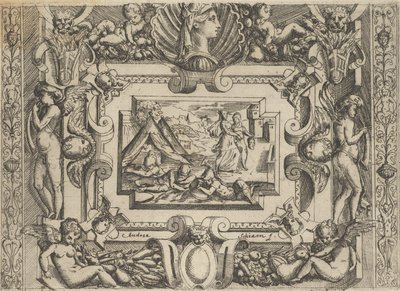 Judith en dienstmeid met het hoofd van Holofernes, binnen een uitgebreide lijst door Battista del Moro