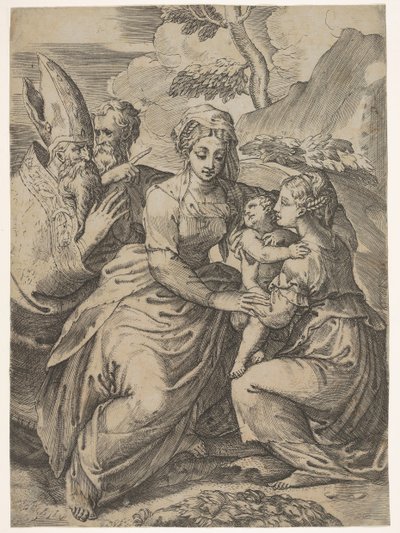Madonna en Kind met Heiligen naar Parmigianino door Battista del Moro