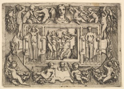 De Cumeaean sibyl loopt naar rechts en draagt een dienblad, gevolgd door drie vrouwen door Battista del Moro