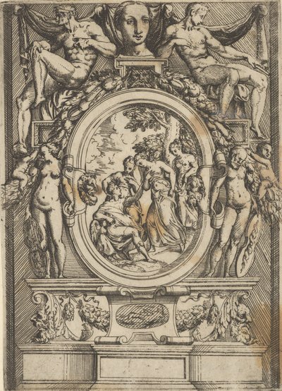 Het Oordeel van Paris, man zittend links reikt uit naar een vrouw die geflankeerd wordt door, ca. 1540-80 door Battista del Moro