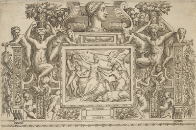 Zittende vrouw met uitgestrekte armen, personificatie van Faam met trompet rechts..., ca. 1540-80 door Battista del Moro