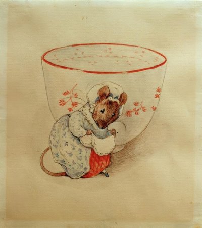 Mevrouw Muis maakt een buiging voor een theekopje door Beatrix Potter
