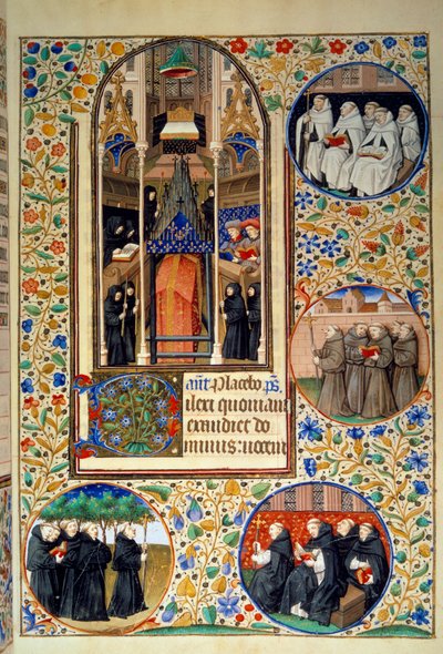 Scène uit het kloosterleven. In de medaillons, van boven naar beneden, de Karmelieten, Franciscanen, Dominicanen, Augustijnen (links). Miniatuur uit het 