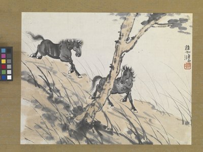 Twee paarden op een heuvel, begin 1900 door Beihong Xu