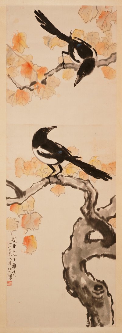 Twee Eksters op Rode Bladboom door Beihong Xu