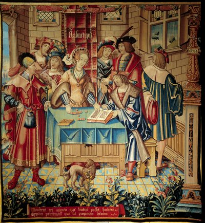 Gordijn met illustratie van de vrije kunsten: Rekenkunde. Wol- en zijden wandtapijt gemaakt rond 1520 in Doornik. Zon 3,1x2,9 m Parijs, nationaal museum van de Middeleeuwen, Thermes de Cluny door Belgian School