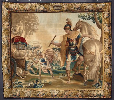 Koning Alexander de Grote (356-323 v.Chr.) verbrandde alle onnodige bagage voor zijn reis naar India. Tapijt gemaakt in de manufacturen van Brussel. 16e eeuw Genes, Musei di Strada Nuova door Belgian School