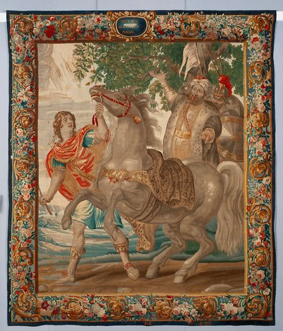 Koning Alexander de Grote temt het paard Bucephale. Wandtapijt gemaakt in de manufacturen van Brussel. 16e eeuw Genua, Musei di Strada Nuova door Belgian School