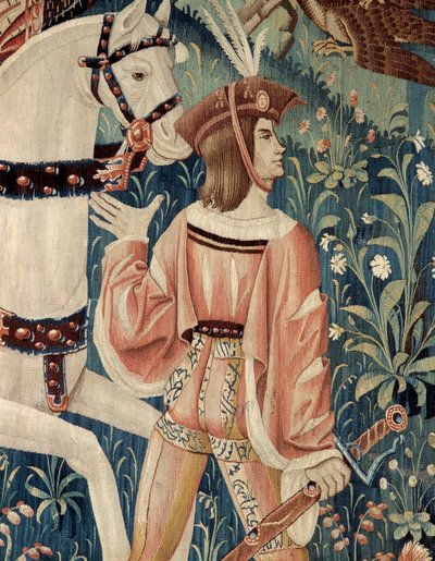 Middeleeuwen: het begin van de valkenjacht, te paard. Detail van een zijde- en wolwandtapijt uit het begin van de 16e eeuw. Uit Henegouwen. Parijs, Nationaal Museum van de Middeleeuwen, Thermes de Cluny door Belgian School