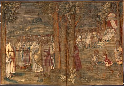 Mozes stelt de gerechtigheid in Wandtapijt door Dionys Martensz naar de kartons van Luca Cambiaso (1527-1584) en gemaakt in de manufacturen van Brussel 1561-1564 Dim. 392,5x220,5 cm Genua, Musei di Strada Nuova door Belgian School