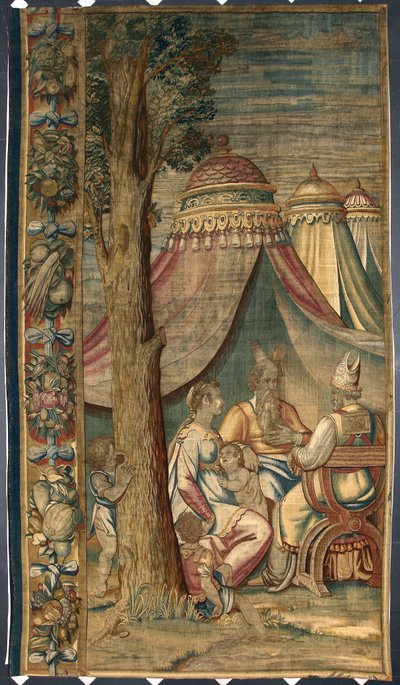 Mozes met Jethro en Sephora Wandtapijt door Dionys Martensz naar de kartons van Luca Cambiaso (1527-1584) gemaakt in de fabrieken van Brussel 1561-1564 Dim. 391x141,2 cm Genua, Musei di Strada Nuova door Belgian School