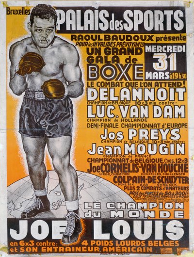 Poster die de bokswedstrijd tussen de Belgische kampioen, Delannoit en de Nederlandse kampioen, Luc Van Dam aankondigt door Belgian School