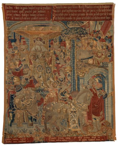 Wandtapijt, Drie scènes uit de Trojaanse Oorlog, of Odysseus en Diomedes als ambassadeurs aan het hof van koning Priamus, eisend de terugkeer van Helena door Belgian School