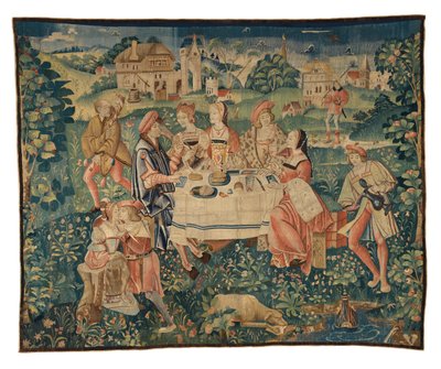 Tapijt met banket in de open lucht, of een maaltijd in de tuin van de liefde, uit Doornik, ca. 1510 door Belgian School