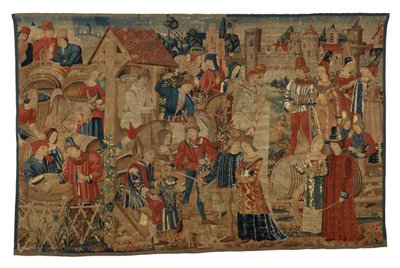 Tapijt met wijnoogsters, uit Doornik, ca. 1460-70 (wol) door Belgian School