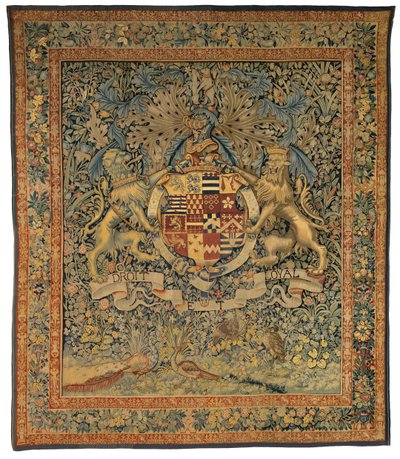 Verdure wandtapijt met de Wapens van Robert Dudley, Graaf van Leicester (een van een paar met 47.1), gemaakt in Vlaanderen, België, circa 1570-85 door Belgian School