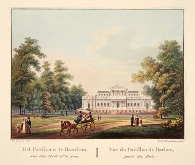 Het Paviljoen te Jaarlem, van den Hout af te zien. Vue du Pavillon de Harlem, prise du Bois, 1825 door Bendrik Greeven