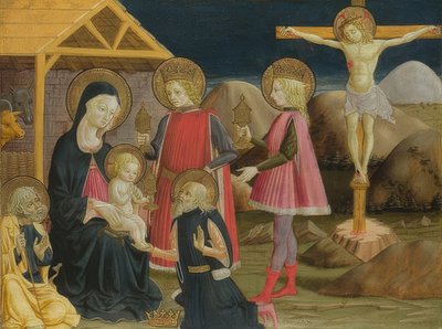 De aanbidding der koningen en kruisiging. Om 1465-75 door Benedetto Bonfigli