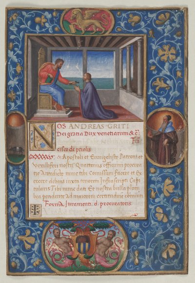 Blad uit een Commissie: Sint Marcus geeft de Sleutels van Venetië aan Francesco de Priuli door Benedetto Bordone