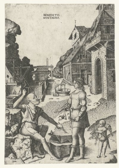 Apollo met Cupido bij Vulcanus door Benedetto Montagna