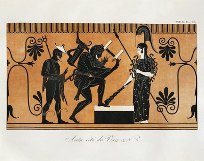 Scène van oude Griekse vaas met Heracles die lier speelt voor Athena met Hermes achter hem door Benedict or Benedikt Piringer