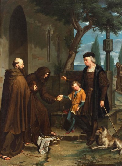 Columbus bij de deuren van het klooster van Santa Maria de la Rabida vraagt om brood en water voor zijn zoon, 1858 door Benito Mercade y Fabregas