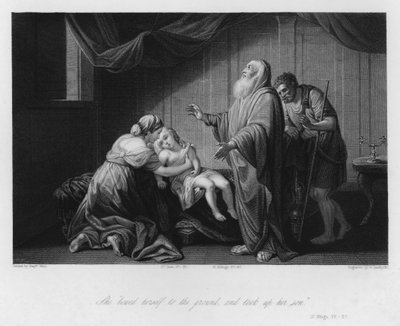 De zoon van de Sunamitische vrouw hersteld tot leven, II Koningen IV, 37 (gravure) door Benjamin (after) West