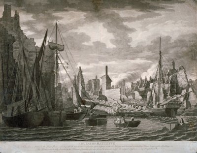 Uitzicht op het Ratcliffe-gebied, Londen, met de ruïnes na de brand van 23 juli, 1794 door Benjamin Burnell