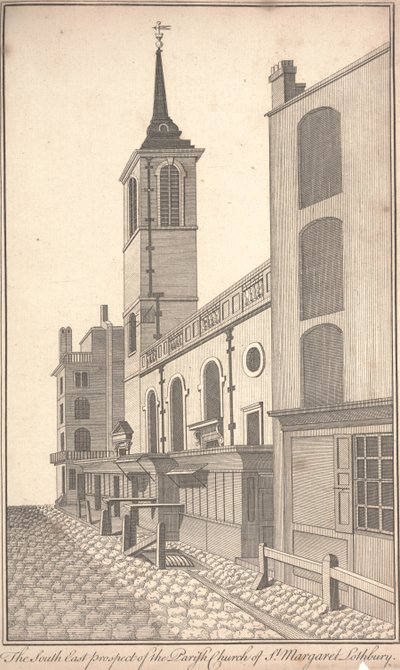 Het zuidoostelijke uitzicht van de parochiekerk van St. Margaret Lothbury, c.1750 (gravure) door Benjamin Cole