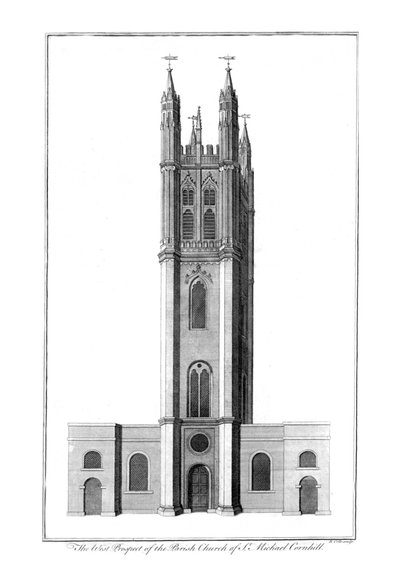 Het westelijke aanzicht van de parochiekerk van St. Michael Cornhill, c1756 door Benjamin Cole