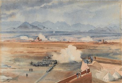 Uitval van Soedanese troepen van het Anglo-Egyptische garnizoen voor de succesvolle actie tegen de Derwisjen bij Gemazih, Suakin, 20 december 1888 door Benjamin Donisthorpe Alsop Donne