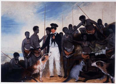 De verzoening: ontmoeting van een kolonist met een groep Aboriginals in Australië - olieverf op doek, door Benjamin Duterrau door Benjamin Duterrau